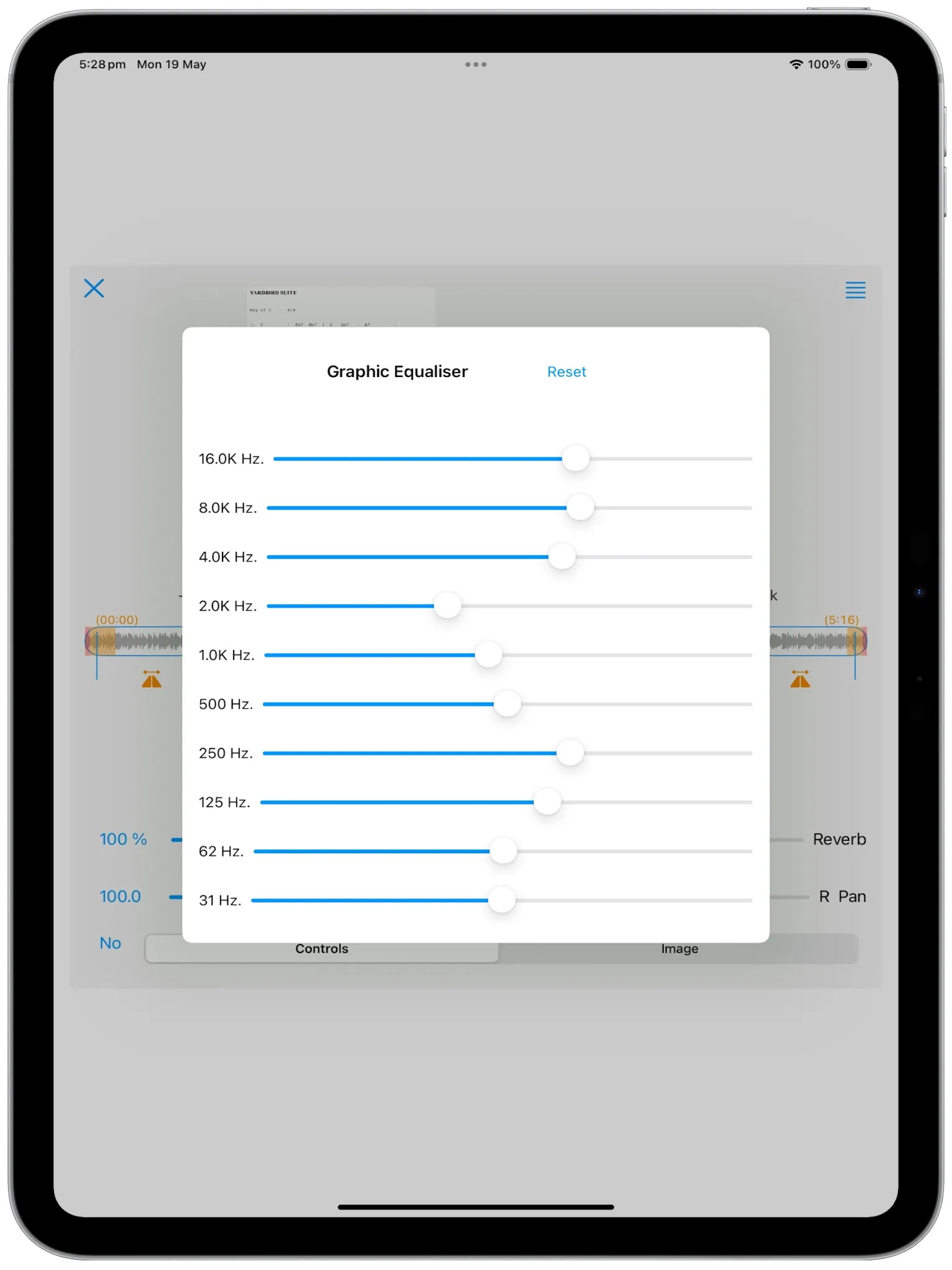 iPad Setlist Player showing Graphic EQ