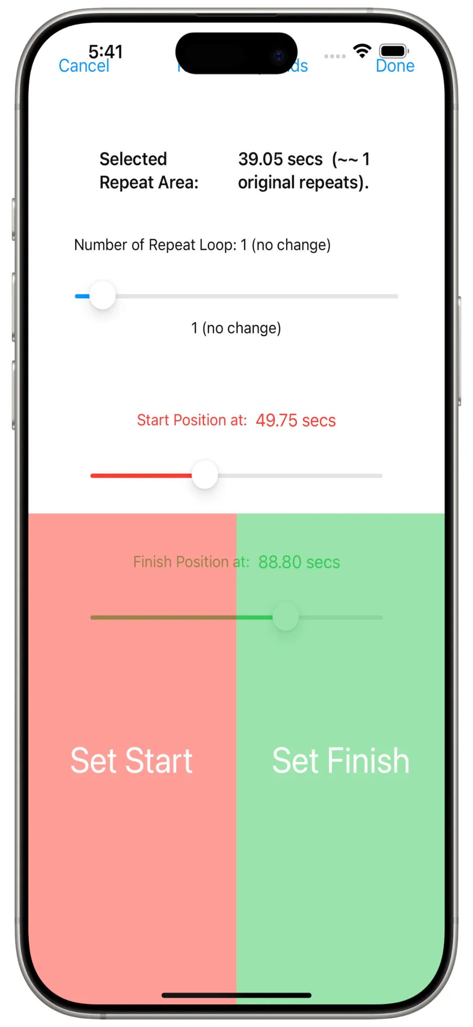 iPhone, setting the repeat loops configuration
